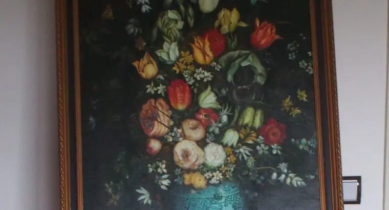 Oelgemälde 70 x 90 geramt, signiert Jensen, Blumen in verzierter Vase